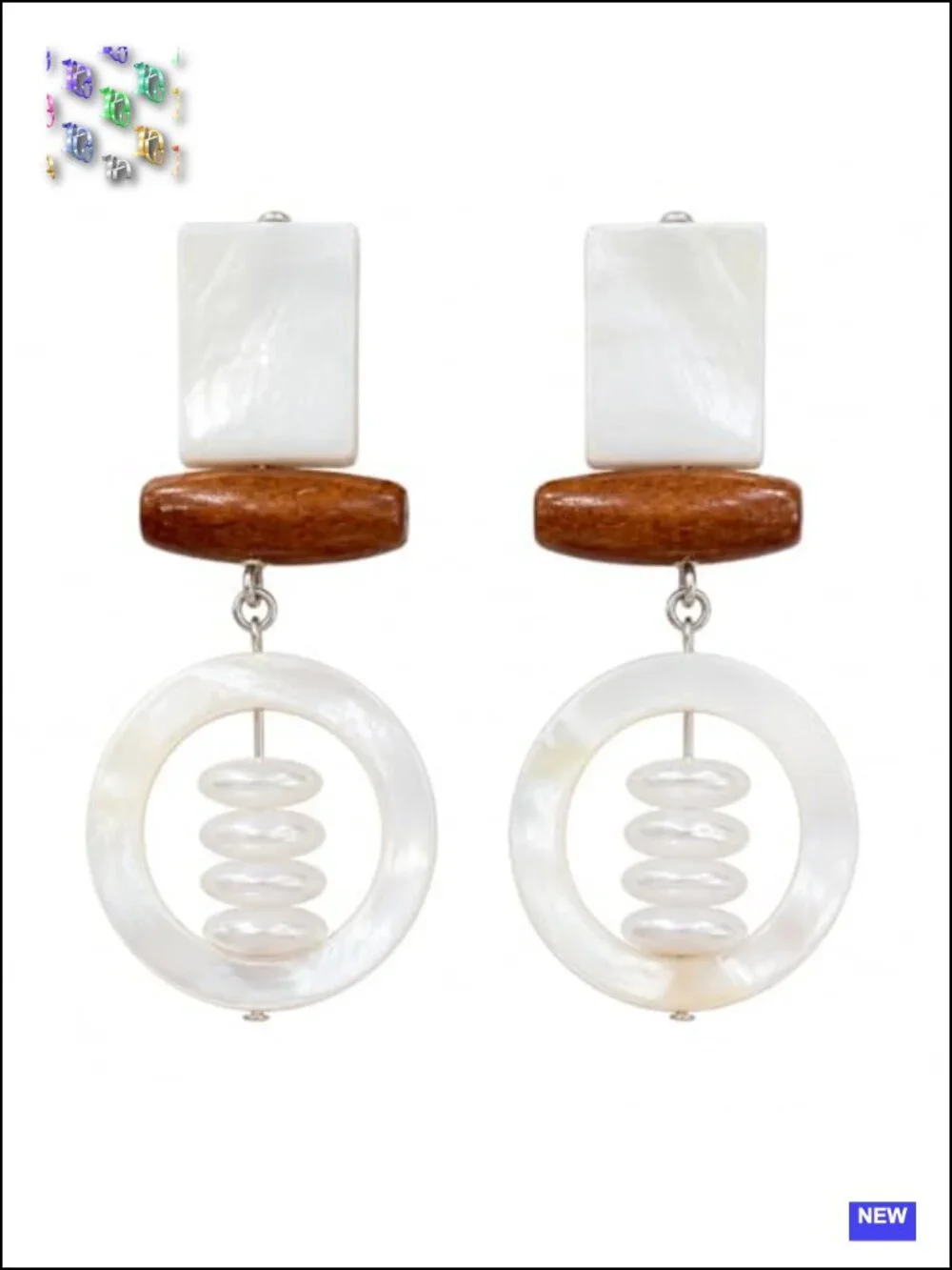 Geometric Shell Hoop Drop Earrings, Wooden Beaded Statement Dangle Earrings,